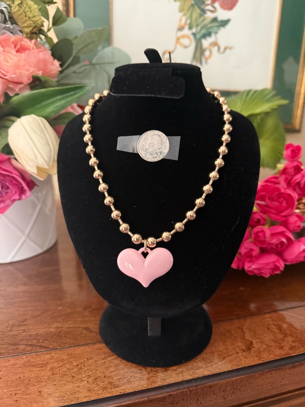 Gold Bead Necklace with Pink Heart Pendant